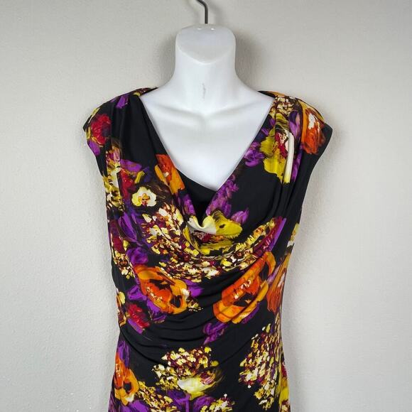 Ronni Nicole Dress 10 Black Floral Ruched Shift Knee Length Cowl Neck - Picture 2 of 7